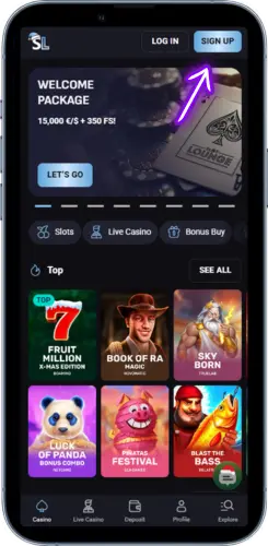 Klik Sign Up på casinoet